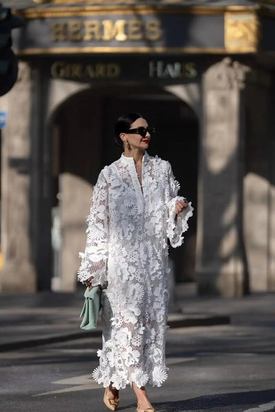 Women's Dress Handmade 3D Embroidered Hollow Design Dress Pure White Dress Elegant Evening Dress Commuter Dress