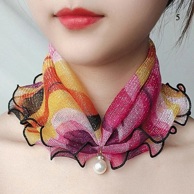 Women Ruffle Lace Scarf Pearl Pendant Chiffon Scarves Shiny Headscarf Thin High Elasticity Neck Wrap Organza Neck Collar Scarf
