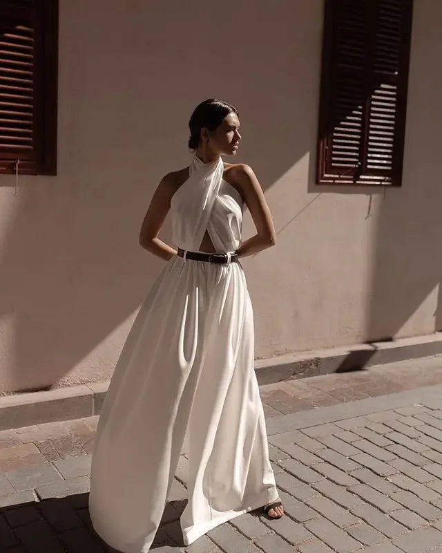 Women Sexy Backless Jumpsuits Halte Sleeveless Slim High Waist Sping Summe Thin Lady Elegant Streetwear Long Wide-leg Pants
