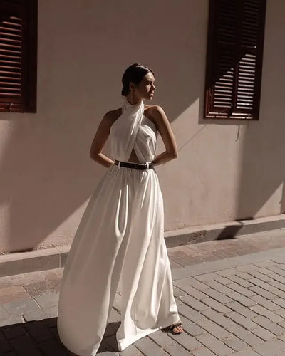 Women Sexy Backless Jumpsuits Halte Sleeveless Slim High Waist Sping Summe Thin Lady Elegant Streetwear Long Wide-leg Pants
