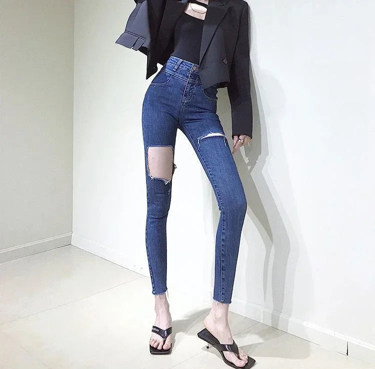 Skinny Pencil Slim Fit Women's Ripped Jeans 90s South Korea Cheap Summer Cowboy Pants for Woman Korean Fashion Xxl Torn Trousers