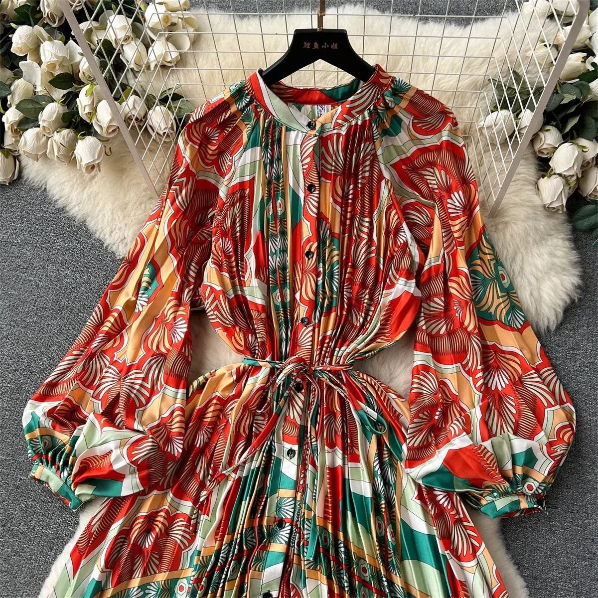 Retro Print Elegant Pleated Lantern Long Sleeve O Neck Single Breasted Dress A-line  Casual High Waist Women Summer Dresses