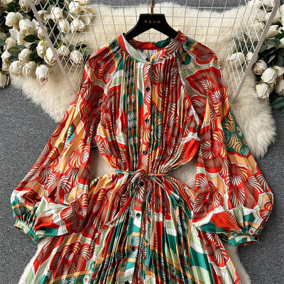 Retro Print Elegant Pleated Lantern Long Sleeve O Neck Single Breasted Dress A-line  Casual High Waist Women Summer Dresses