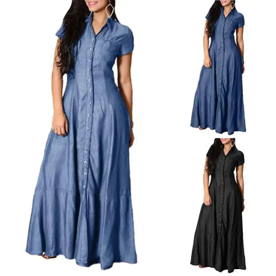 Women Denim Dress Elegant Denim Dress with Ruffle Hem Patch Pockets Women's A-line High Waist Long Dress for Casual or Formal