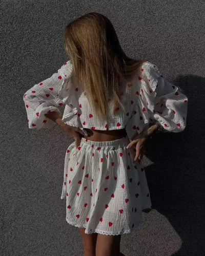 Women Cotton Linen Print Loose Suit Women Lantern Sleeve Ruffles V-neck Patchwork Single-Breasted Top High Waist Mini Skirt Suit