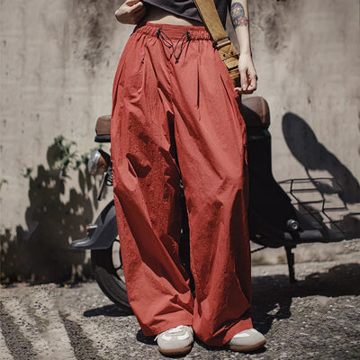 Maden Outdoor Lightweight Quick-Dry Cargo Pants Women Summer Elastic Waist Parachute Pants Pockets Solid Color Straight Trousers
