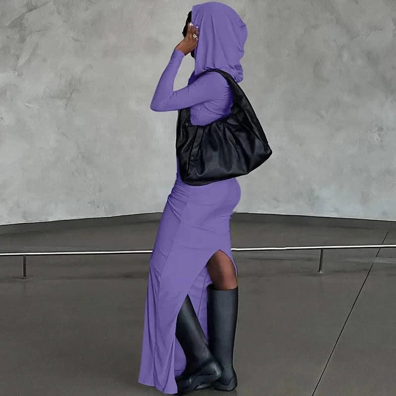 Hooded Long Dress For Women Y2k Clothes Sexy Streetwear Long Sleeve Bodycon Vestidos De Mujer Solid Robe Femme Été Back Split