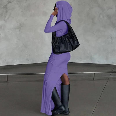 Hooded Long Dress For Women Y2k Clothes Sexy Streetwear Long Sleeve Bodycon Vestidos De Mujer Solid Robe Femme Été Back Split