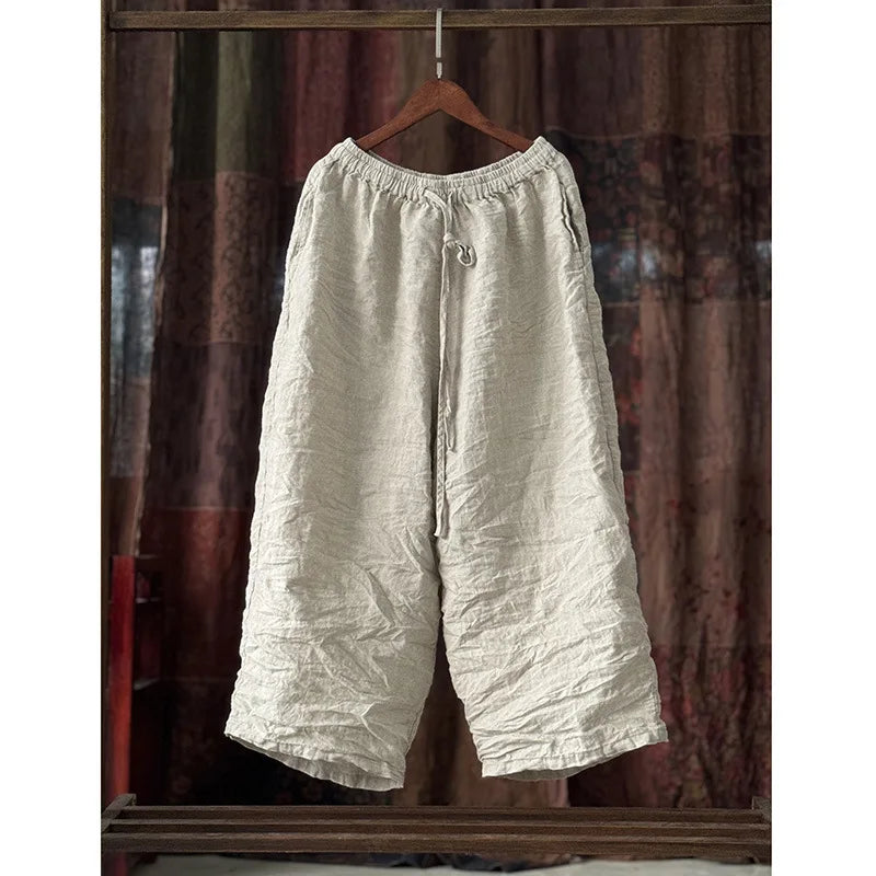 Women Cotton Linen Natural Fabric Pants Femme Elastic Waist Drawstring Summer Fashion Japanese Casual Pants Wide Leg Trousers