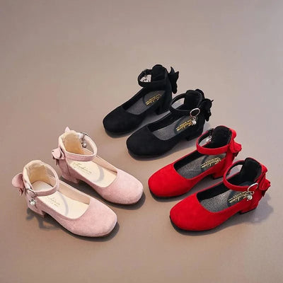 Kids Velvet Black, Pink, Red Leather High Heeled Shoes 3-15T | Girl's Princess Shoes For Party, Wedding, Dance | Children's Fashion