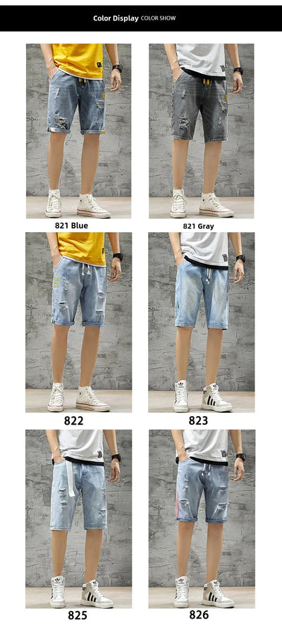 Summer Denim Shorts For Men Trendy Ripped Elastic Waist Loose Fit Casual Jeans 5 Minute Length Middle Pants