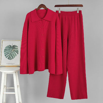 2025 Autumn Street Outfits Knitted Cardigan Pants Sets Women Single Breasted Lapel Sweater High Waist Wide Leg Trousers Suit