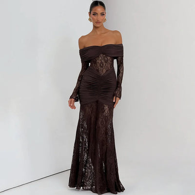 Woman Clothing Lace Patchwork Evening Dress 2025 Autumn Sexy Slash Neck Long Sleeve Folds Party Gown Lady Long Maxi Prom Dresses