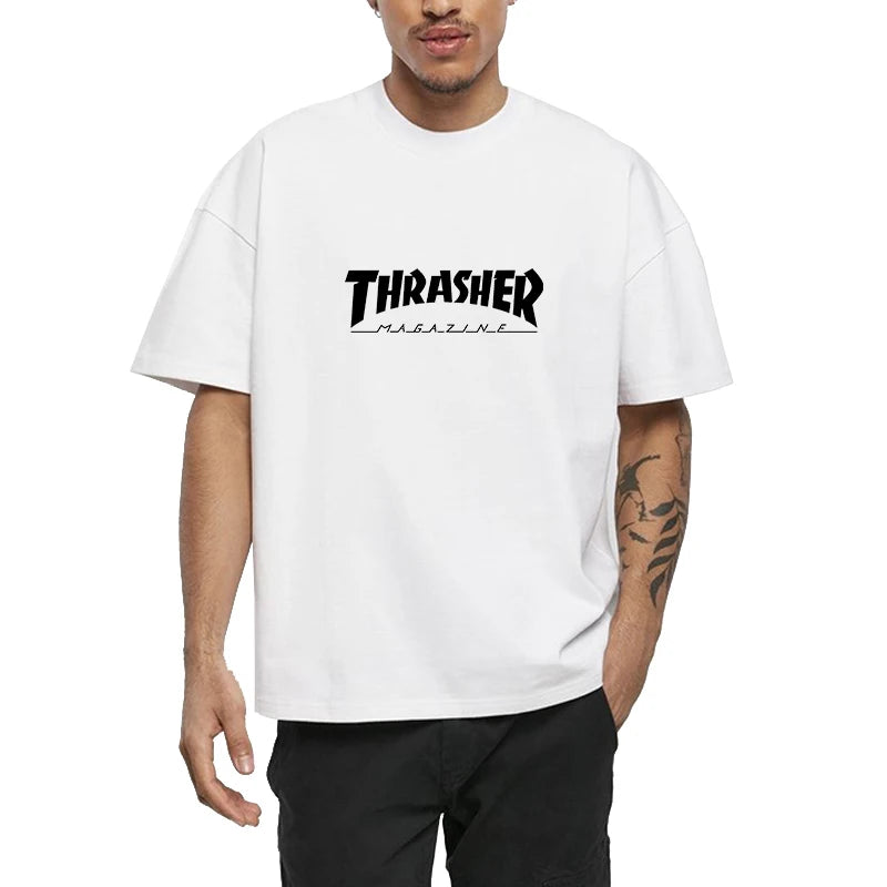 T-shirts for Men Personalized T-Thrashers Y2k Clothing High Quality Summer Tops Vintage Streetwear Short Sleeve Tee White