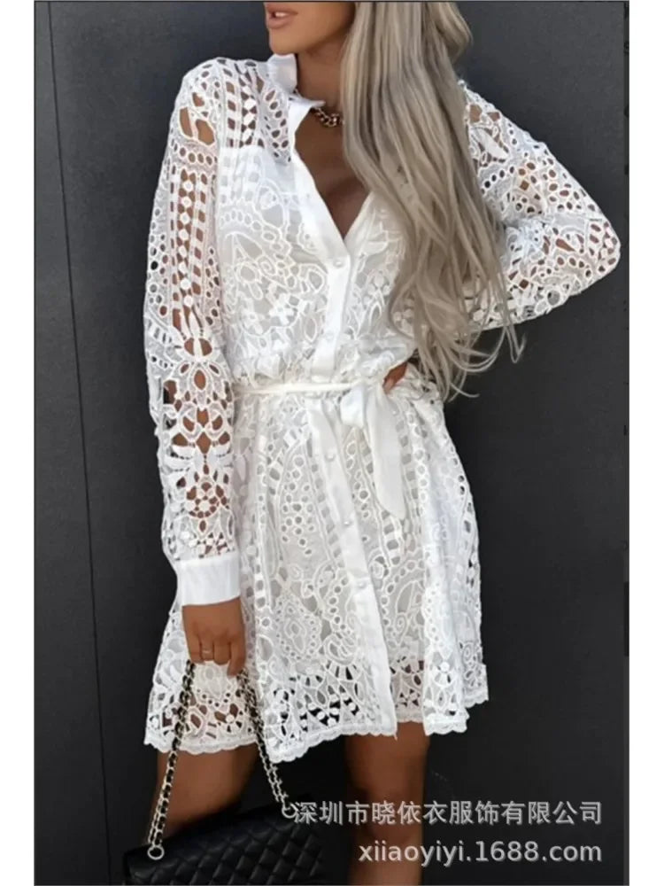 Elegant Shirt Dress Women Sexy Hollow Out Lace Dresses Spring Autumn Button Lace-up Office Lady Mini Dress Female