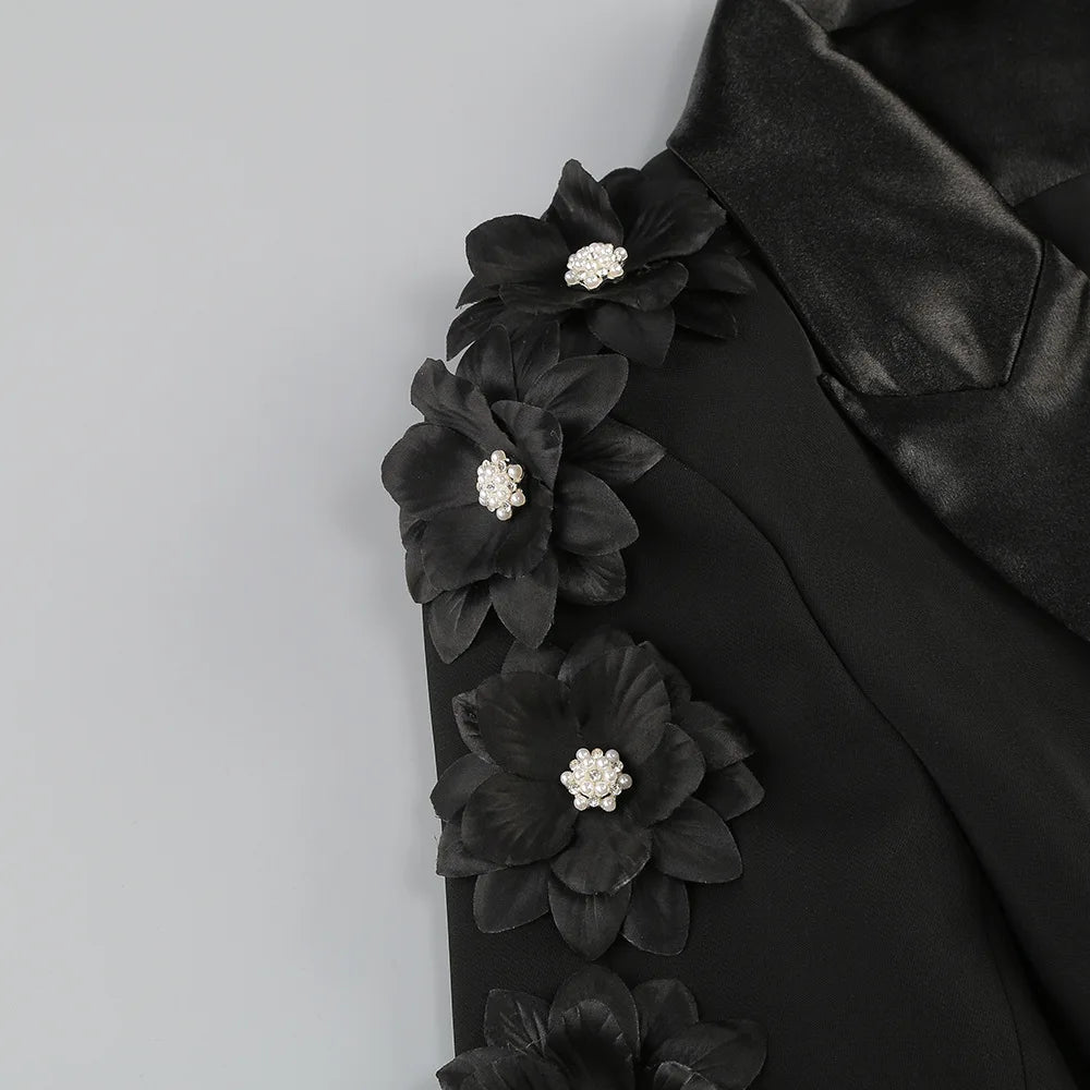 Elegant Women's Black Blazer Suit with 3D Floral Sleeve Embellishments Satin Lapel Slim Fit Two-Piece Set for Formal Party Wear