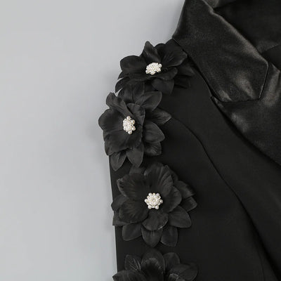 Elegant Women's Black Blazer Suit with 3D Floral Sleeve Embellishments Satin Lapel Slim Fit Two-Piece Set for Formal Party Wear