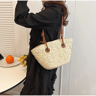 Designer Bohemian Chic Shoulder Bag,Solid Color Large Capacity Straw Woven Tote Bag,Nature-Inspired Beach Vacation Women Handbag