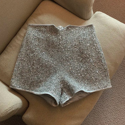 Shorts for Women Sexy High Waist Silver Sequins Short Mujer Y2k Straight Wide Leg Casual Cargo Pantalones Cortos De