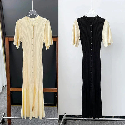 Classic Style Single Breasted Knitted Women Midi Dress O Neck Short Sleeve Hollow Out Spliced Lady Fishtail Dress
