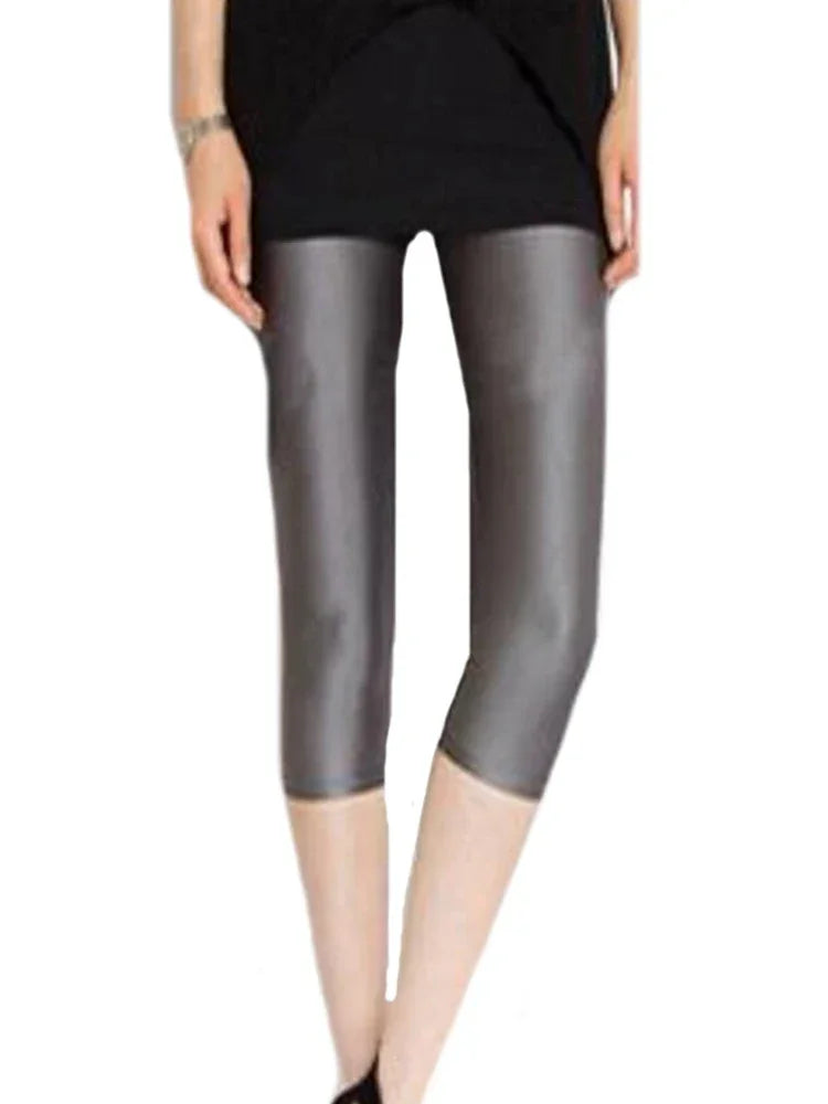 CUHAKCI Fluorescent Color Women Leggings Shiny Leggins Spandex Pants Summer Super Elastic Fitness Capris