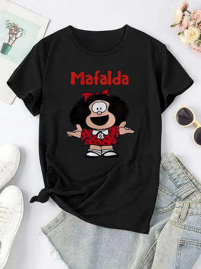 Women'S Casual Crew Neck T-Shirt Blend with Medium Stretch Knit Fabric Short Sleeve Tee with Mafalda Graphic Print for