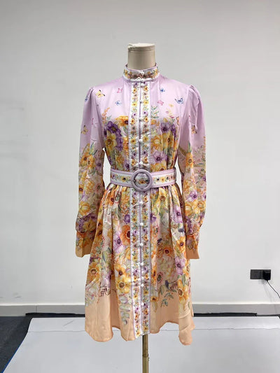 TWOTWINSTYLE Floral Printted Chic Dress For Women O Neck Long Sleeve Patchwork Sashes Temperament Dress Female Fashion KDR523818