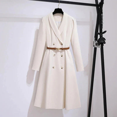 Women's Dress Double Breasted Elegant Dresses for Women 2025 Autumn Off white Dress Belt Knee-Length Solid Fashion Woman Clothes