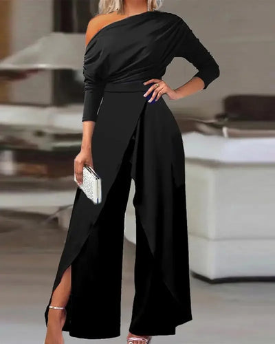 Jumpsuits for Women 2025 Elegant New Fashion Plain Elegant Office Lady Loose Ruched Cold Shoulder Split Hem Wide Leg Jumpsuit
