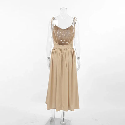 Cotton Linen Solid Color Spaghetti Strap Dresses Women Fashion Leace-up V-neck Backless Beach Vacation Long Dress Female New