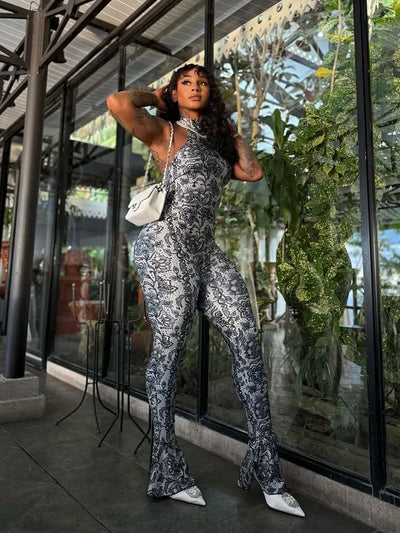 kliou Attractive Y2K Women Jumpsuits Fashion Print Halter Backless High Collar Off Shoulder Overalls Female Midnight Clubwear