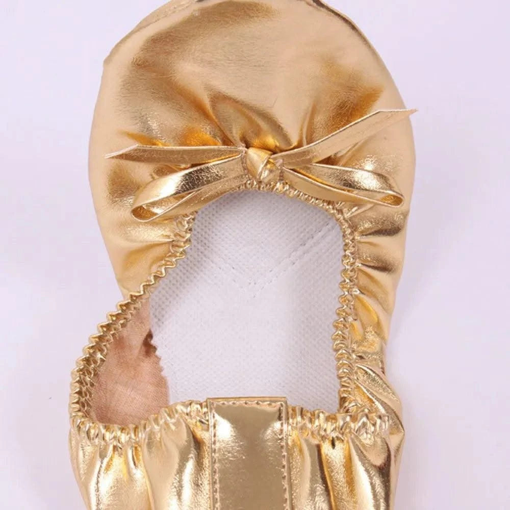 Professional Bowknot Belly Dancing Shoes Golden Foldable Indian Dance Shoes Leather Soft Ballerina Flats Children