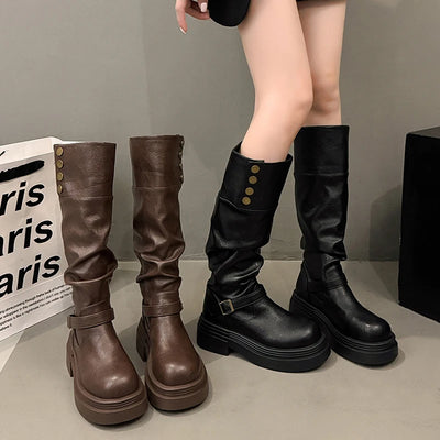 Vintage Women Knee High Boots Autumn Winter Ladies Causal Thick Heel Knight Long Botas Zapatos De Mujer