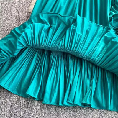 Women's V Neck Ruffles Splice Lantern Sleeve High Stretch Oversized Dresses Miyake Maxi Pleated 2025 Spring Long Party Clothing