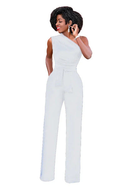 Women's Jumpsuit Solid Skew Collar Crop Top Straight Pants Belt Sexy Sleeveless Loose Pants Elegant Charming Playsuits 2024