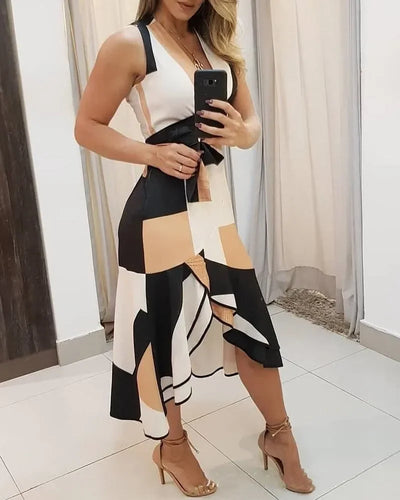 Women's Midi Dress Plus Size Sexy Summer V Neck Empire Belt Tunic 2023 Fashion Geometry Print Irregular Office Ladies Dresses