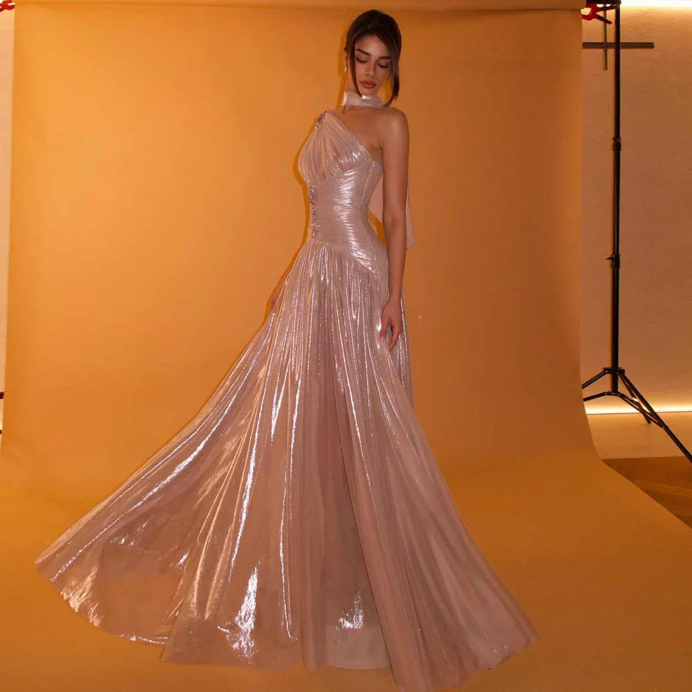 Sharon Said Elegant Rose Gold One Shoulder Evening Dress with Scarf Pleated for Women Wedding Party Prom Gowns SF235 Customized