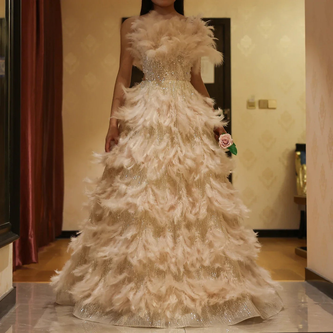 Sharon Said Luxury Dubai Feathers Princess Ball Gown Cream Evening Dress for Women Wedding Engament Party Dress SS732 Customized