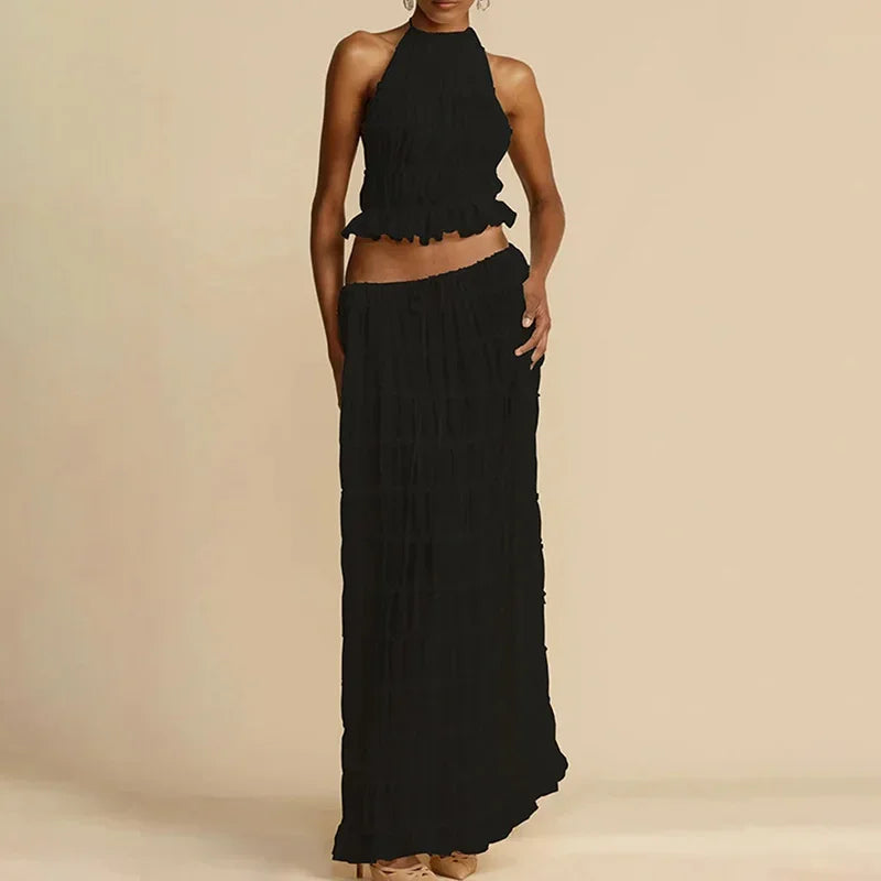 2025 Women Summer Loungewear Suits, Halter Short Top Maxi Skirts 2PCS Matching Sets, White Color Fashion Backless Ladies Outfit