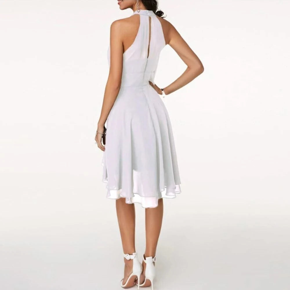 Women Elegant Dress Summer Solid High Waist Halter Sleeveless Midi Dresses Ladies Cropped Layered Chiffon Party Slim Dresses