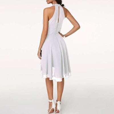 Women Elegant Dress Summer Solid High Waist Halter Sleeveless Midi Dresses Ladies Cropped Layered Chiffon Party Slim Dresses