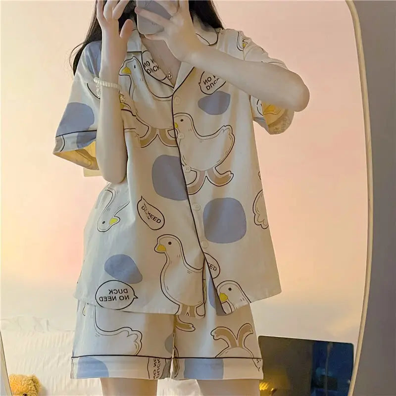 Women's Pajamas Loungewear Cartoon Goose Nightwear Homewear Ladies Tops and Pants V-Neck Sleepwear Comfortable and Breathable