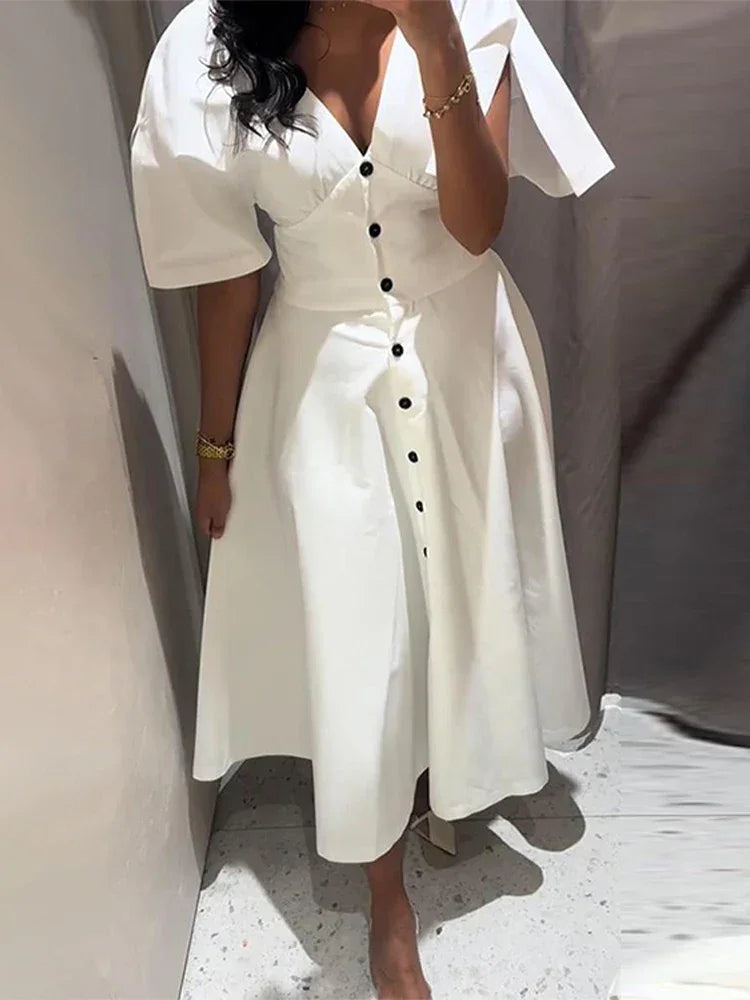 Women's Dress 2025 Summer Autumn New White Short Sleeve Buttons V Neck Midi Dress Casual Fashion Personality Versatile Vestidos