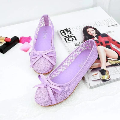 Women Fashion Lace Slip On Cut Outs Bow Ballet Breathable Flats Shoes