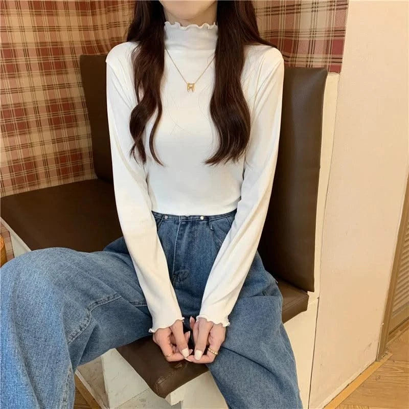 Skinny High Elastic Mock Neck Pullover Long Sleeve T-shirts For Women