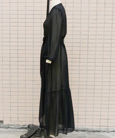 2024 New Lace Up Bikini Cover Ups for Women Maxi Dresses Solid Long Sleeve Beach Dress