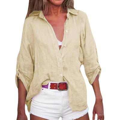 Women Cotton Linen Blouse Shirt Summer Female Turn Down Collar Three Quarter Loose Blouse Tops Woman shirts & blouses