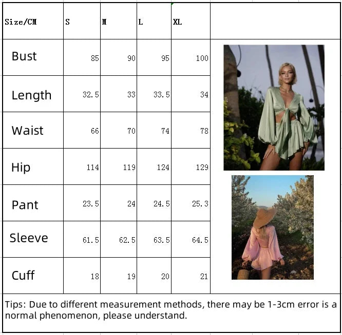 Women s Two Piece Outfits Low Cut Tie Front Pajamas Set Summer Long Sleeve Shorts Loungewear Set