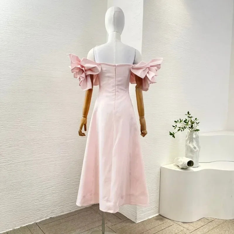 2025 New Design Spring Summer Strapless Pink Flowers High Quality Appliqued Decoration Women Midi Dress - Elanique