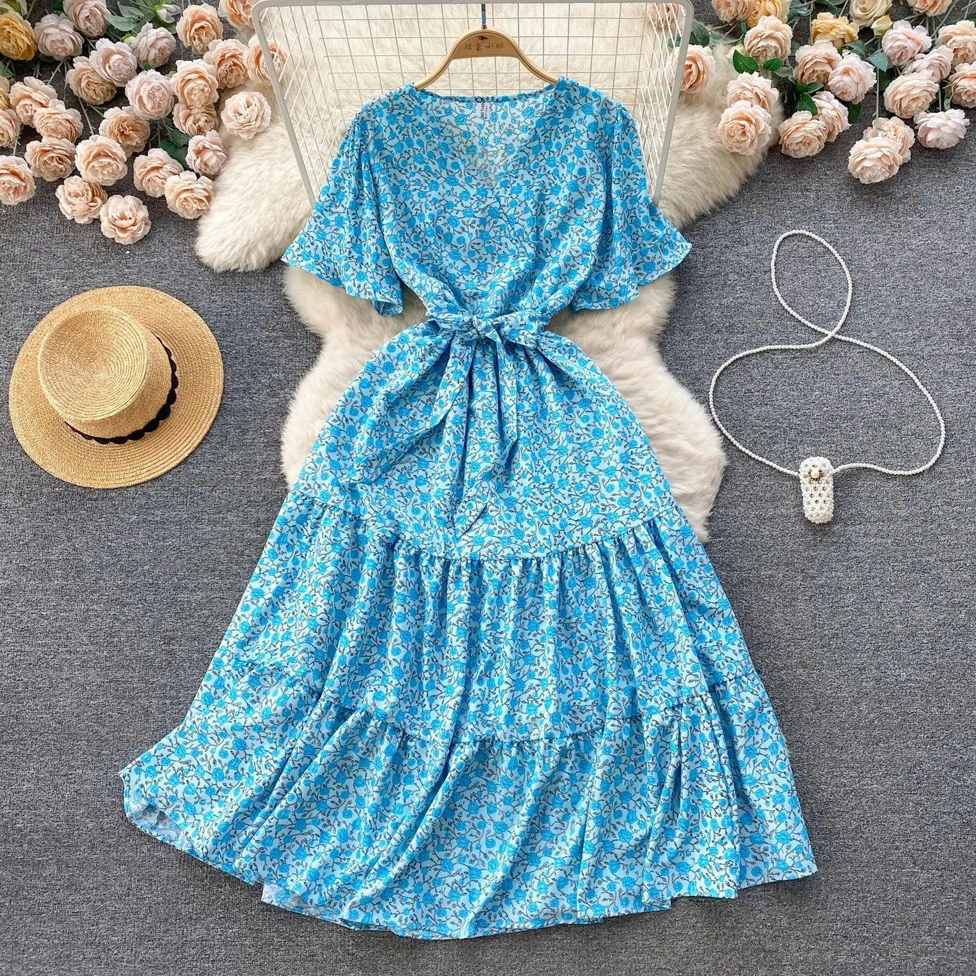 French Chic Dress Beach Style Floral Print Dresses Female V-Neck New Summer Ruffles A-Line Vestidos Women Clothes